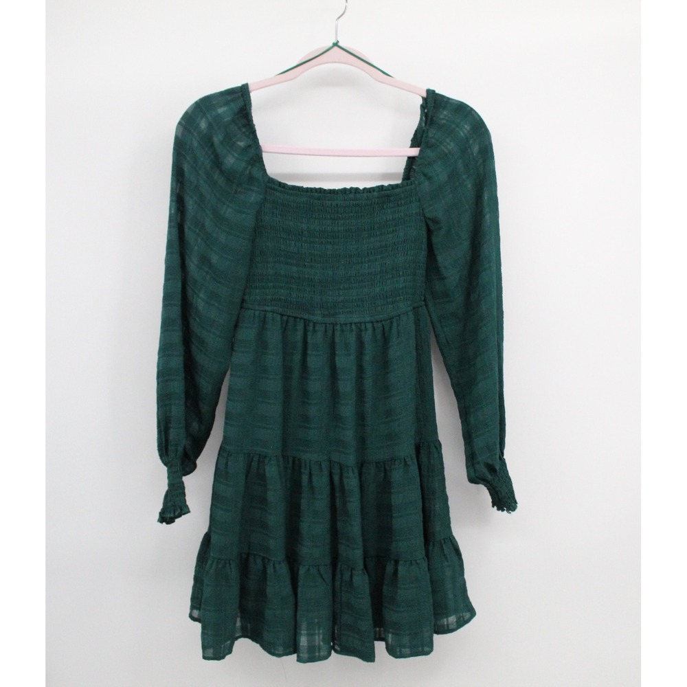 Lush Green Smocked Tiered Mini Dress Long Sleeve Square Neck Plaid Textured S